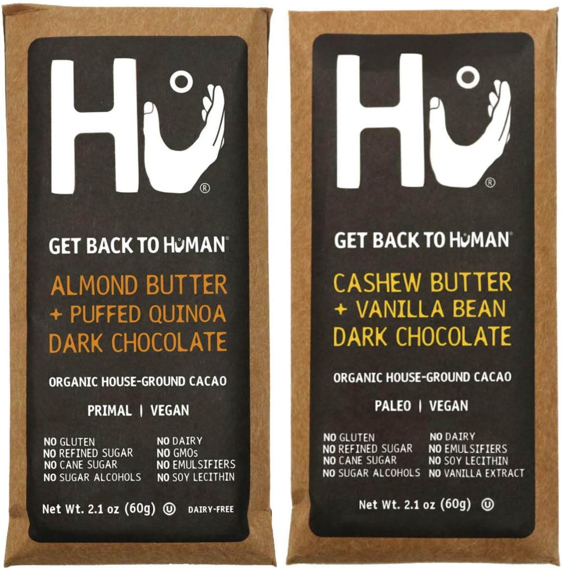 Hu Vegan Chocolate Bars | 2 Pack Almond Butter + Cashew Vanilla | Gluten Free, Paleo, Non GMO, Kosher Dark Chocolate | 2.1oz Each