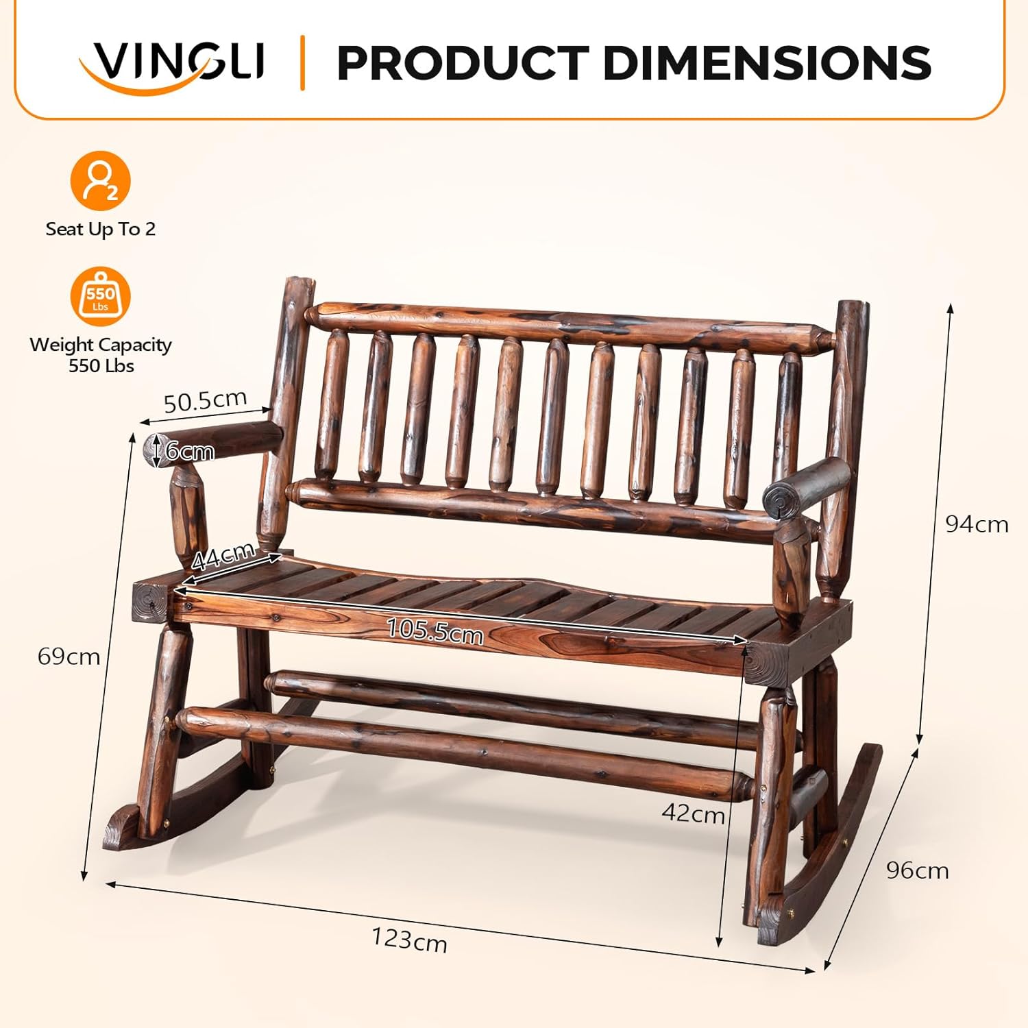 VINGLI Fir Wood Double Rocking Chair for Porch & Garden - 550lb Capacity Weather-Resistant Outdoor Glider Bench with High Backrest, Patio Rocker for Couples Backyard, Deck, Rustic