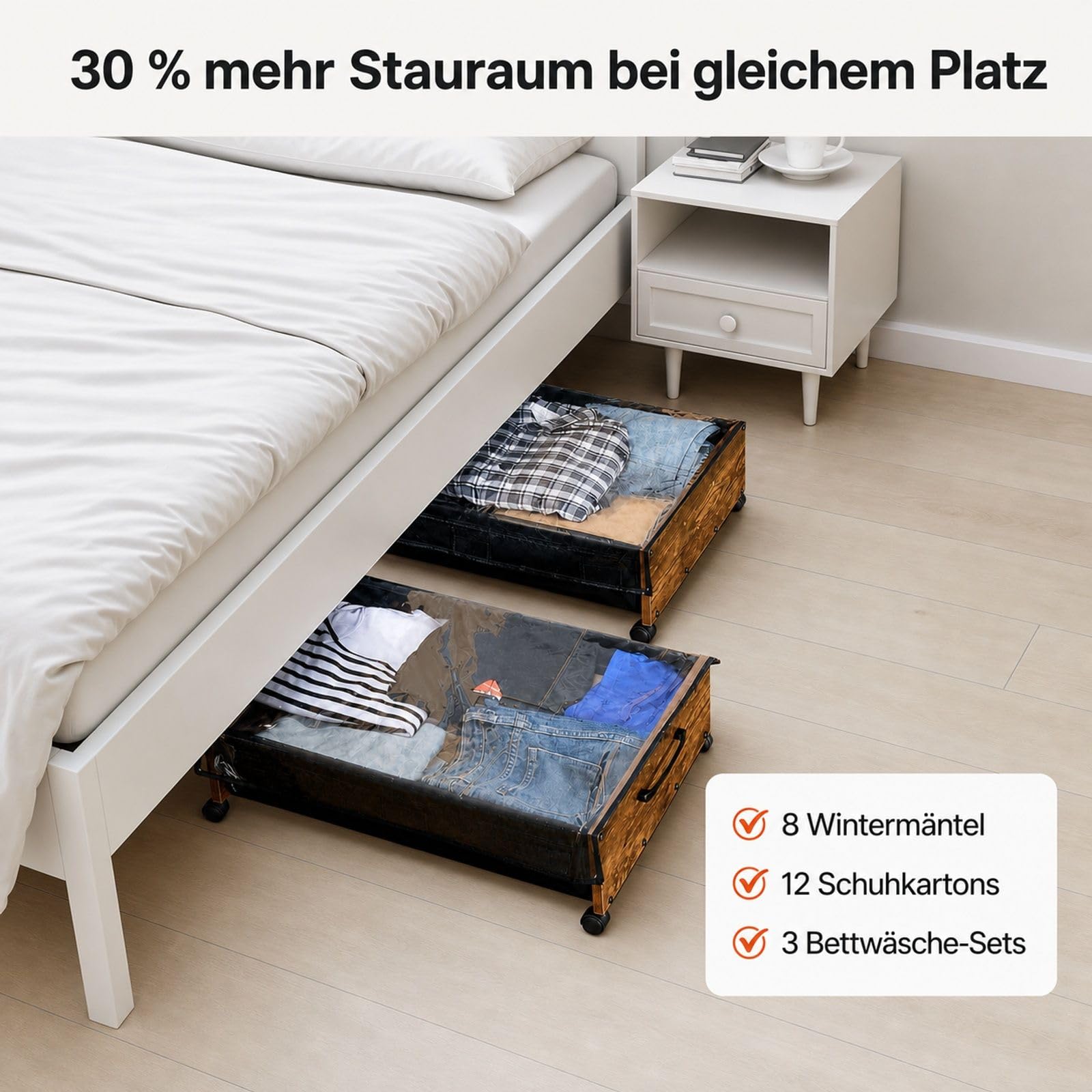 2 Unterbett-Aufbewahrungstaschen mit feststellbaren Rollen, mobile Organizer für Kleidung, Schuhe und Decken
