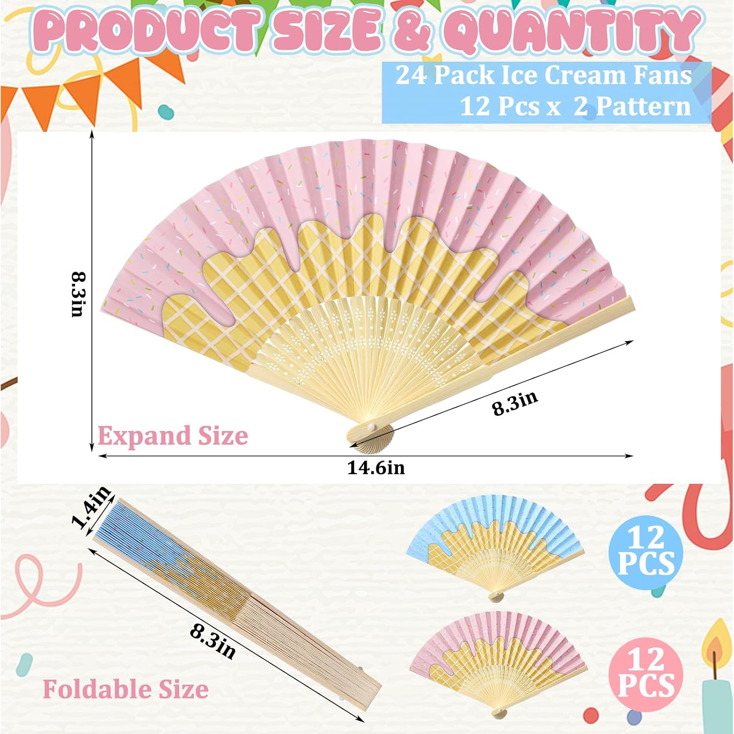 Chunful 24 Pack Ice Cream Party Fans Pink and Blue Folding Hand Fans with Bamboo Frame Cute Summer Ice Cream Social Decorations for Wedding Bridal Baby Shower Gender Reveal Birthday Party Supplies
