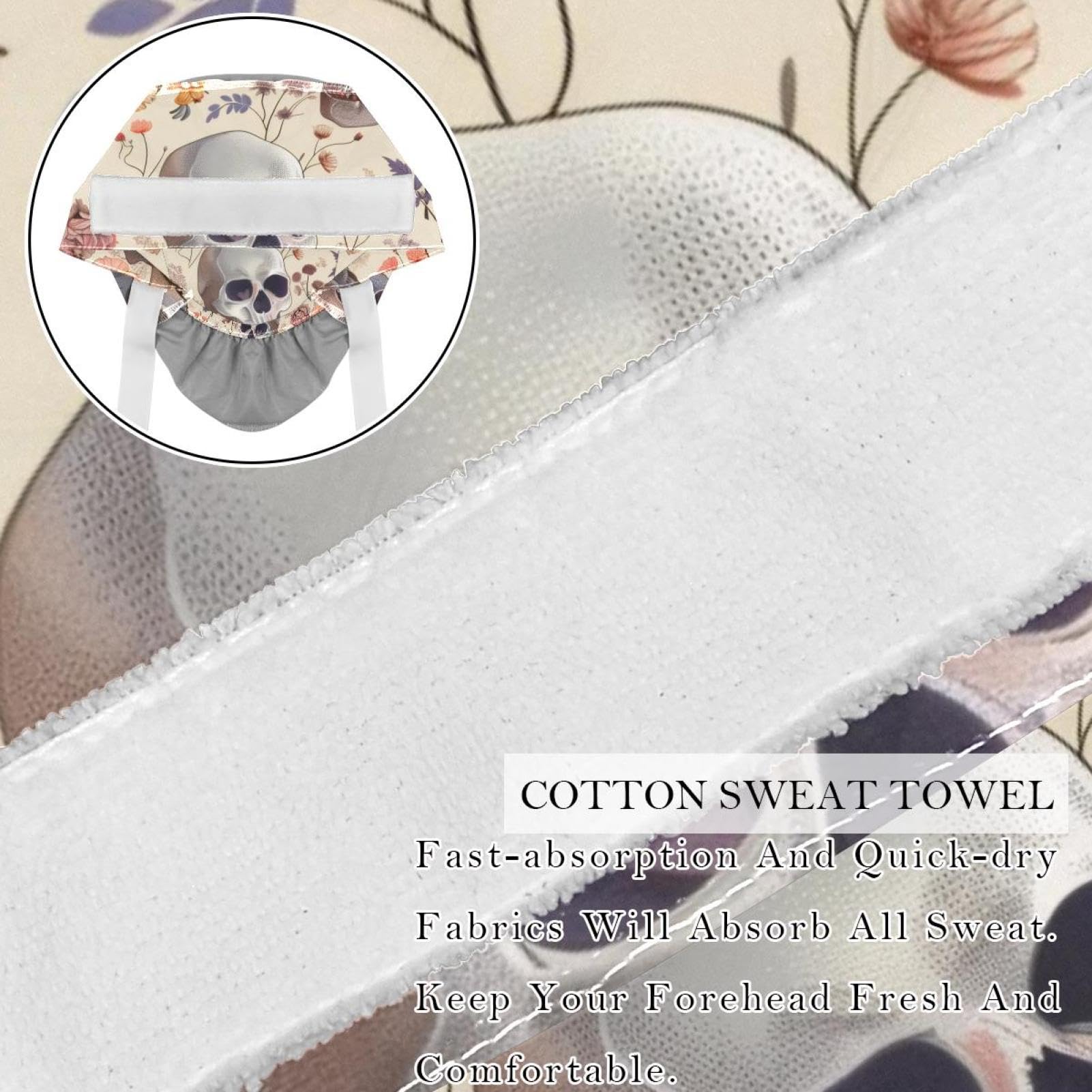 IROLSKDNFH 2 Pcs Working Cap with Buttons Sweatband Aesthetic Skull with Flowers Retro Pattern Ribbon Tie Back Bouffant Hats