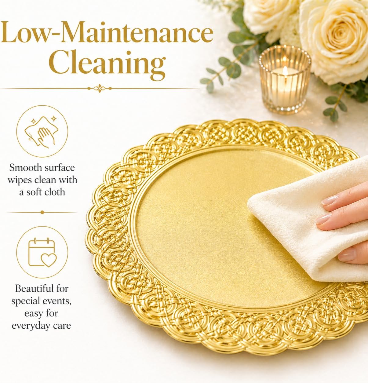 100 Pack Gold Charger Plates Bulk 13 Inch Round Plastic Dinner Plate Chargers with Floral Rim, Reusable Decorative Plates for Weddings, Parties, Banquets, Events, Restaurant