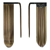 Vista 2 de BARSDAR Extensión de Cola de Caballo Recta Envolvente con Mechas - Cola de Caballo Recta Envolvente de 24 Pulgadas de Largo para Mujeres