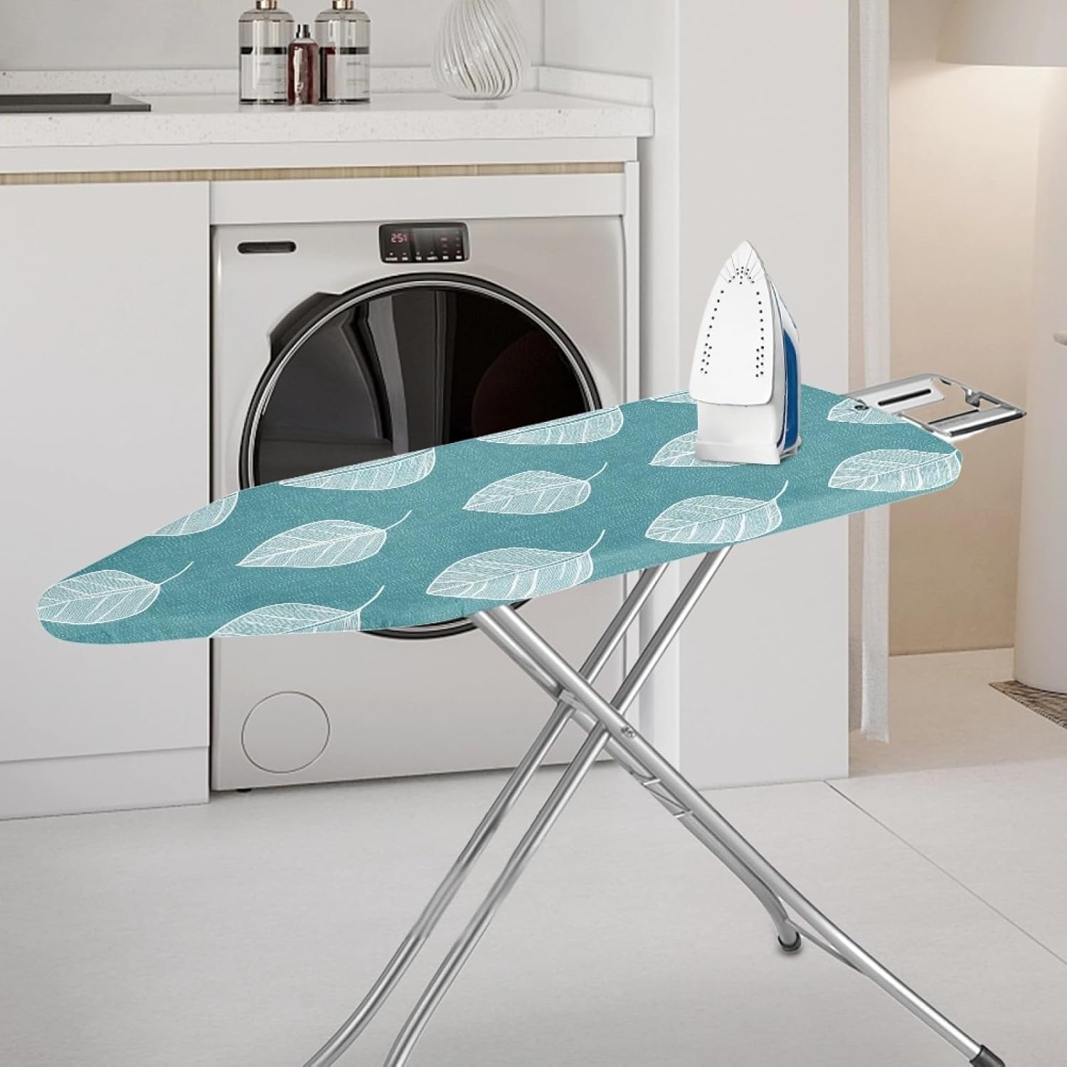 Padded Ironing Board Covers 18 X 49 Teal Line Leaf Ironing Board Pad and Cover Thick Replacement Drawstring Tightening & Lock, Easy Fit, Scorch & Stain Resistant, Non Slip