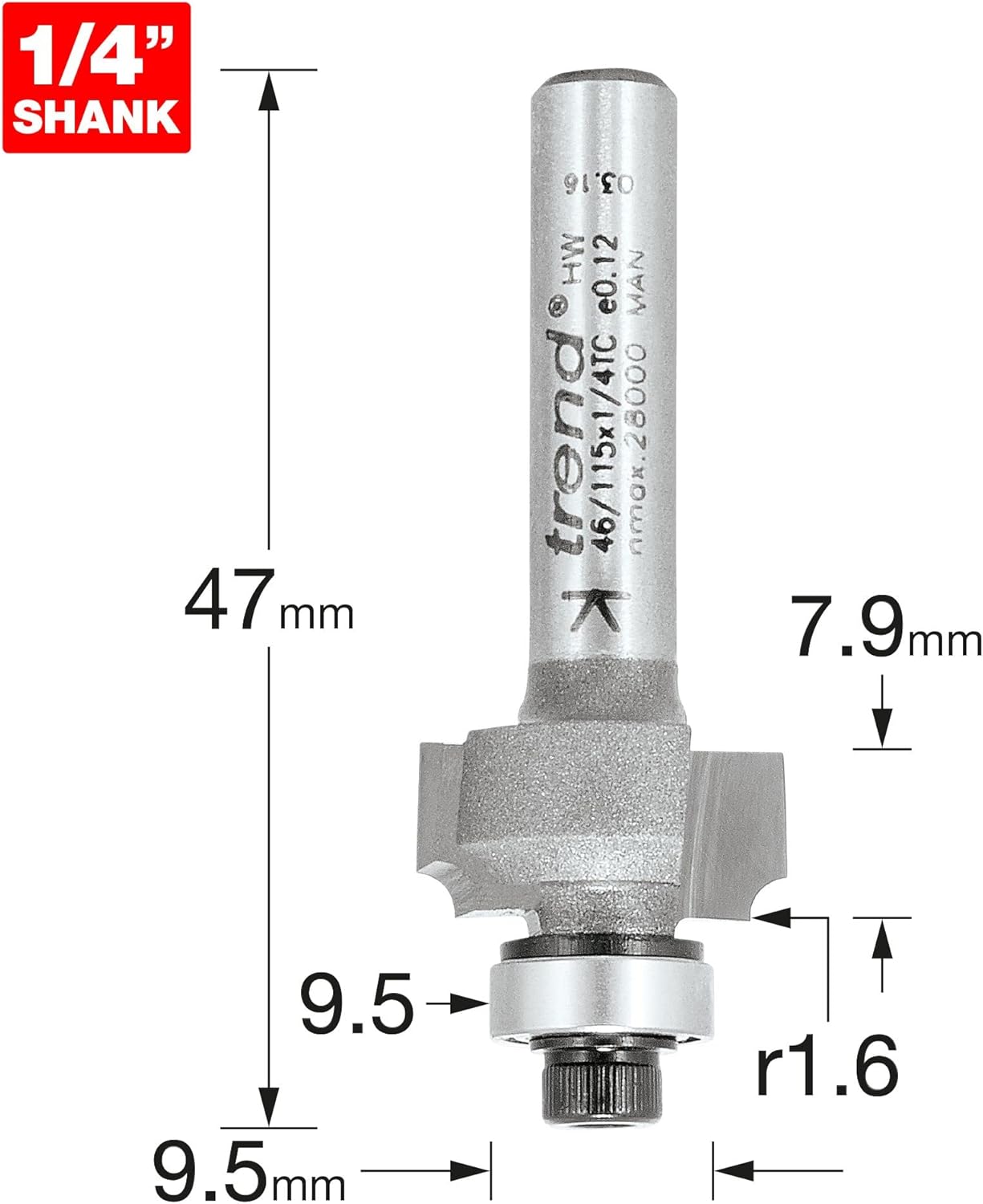 Trend Professional Bearing Guided Ovolo Router Cutter, 1/16" Radius, 1/4 Inch Shank, 5/8" Cut Diameter & 5/16" Cut Length, Two Bearings, Tungsten Carbide Tipped, 46/115X1/4TC