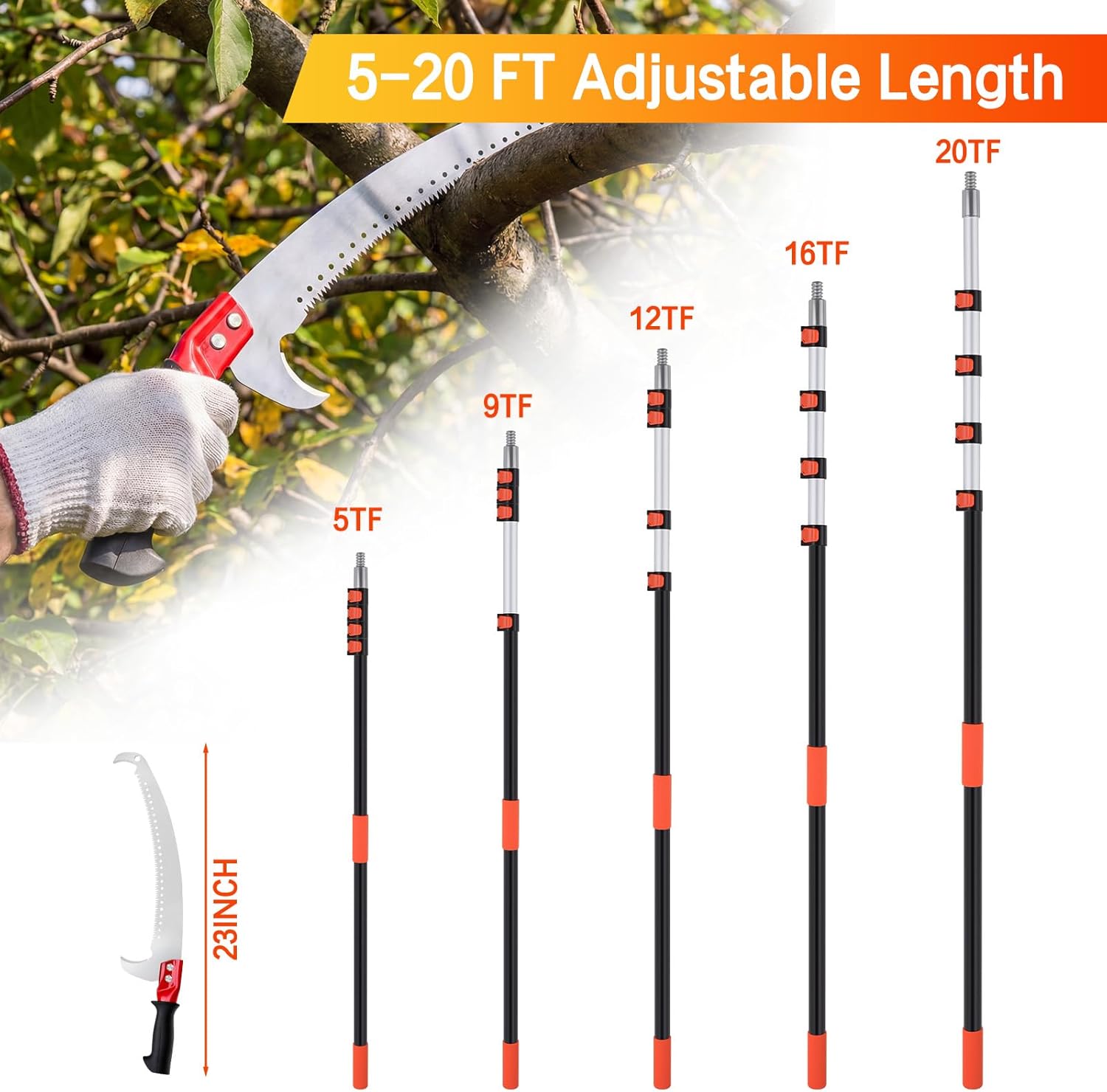 26FT Pole Saw for Tree Trimming, Manual Telescoping Tree Pruner with 5–20FT Extension Pole, Long Reach Hand Saw for Ground Cutting in Yard, Garden & Patio
