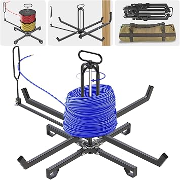 SELEWARE Foldable Cable Dispenser, Floor or Stud Mounted Wire Spool Rack for 4-28 inch Reels, Portable Wire Rack Dispenser with Anti-Slip Handle for Electrical, Industrial & Retail Use