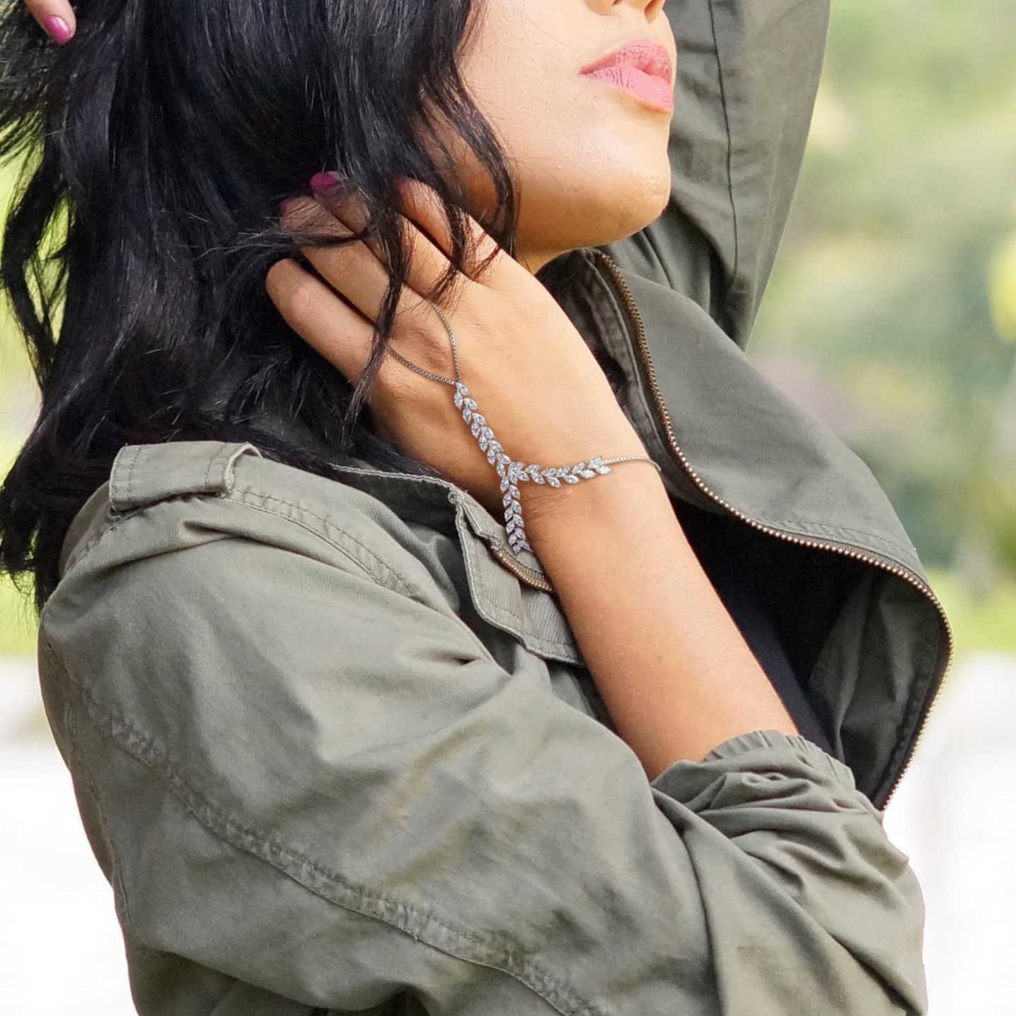 Cubic Zirconia Statement Ring Bracelet for Women,Adjustable Bohemian Slave Bracelet Hand Chain Ring Jewelry for Women - Image 6