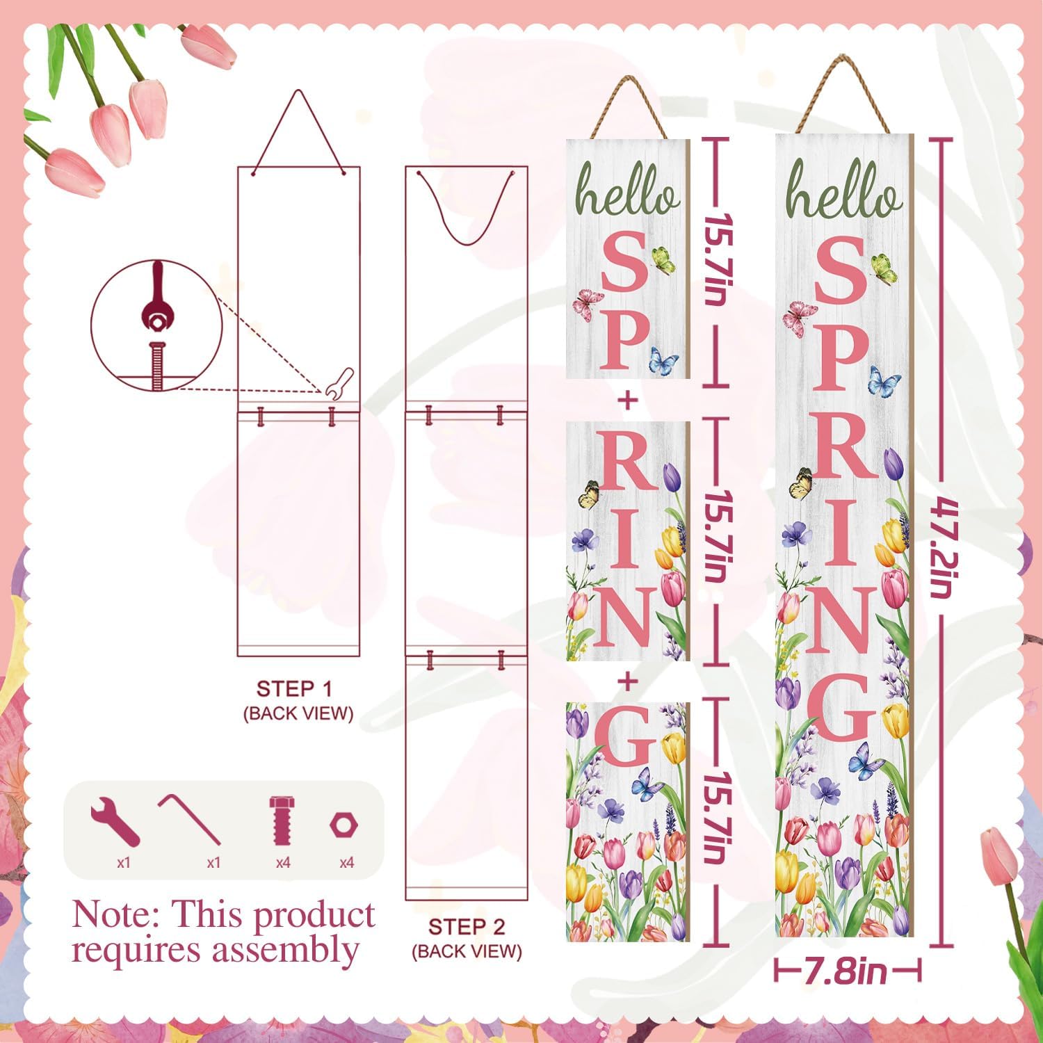 Hello Spring Porch Sign, Flower Butterfly Sign for Front Porch, Pink Tulip Wooden Sign Yard, Vertical Wood Sign Standing for Patio Front Door Porch, Farmhouse Holiday Home Party Entryway Yard Wall Decor Indoor Outdoor, 47x8 inch
