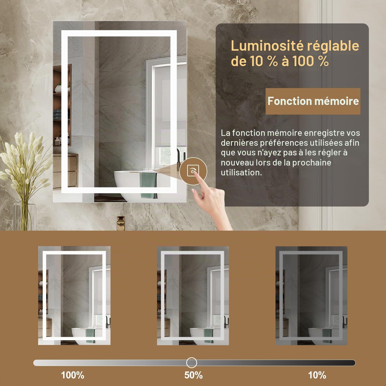 Miroir de Salle de Bain LED 70 x 50 cm avec éclairage et Fonction Anti-buée, rétroéclairage RVB, éclairage Avant 6500 K, Miroir Intelligent avec Fonction de Changement de Couleur