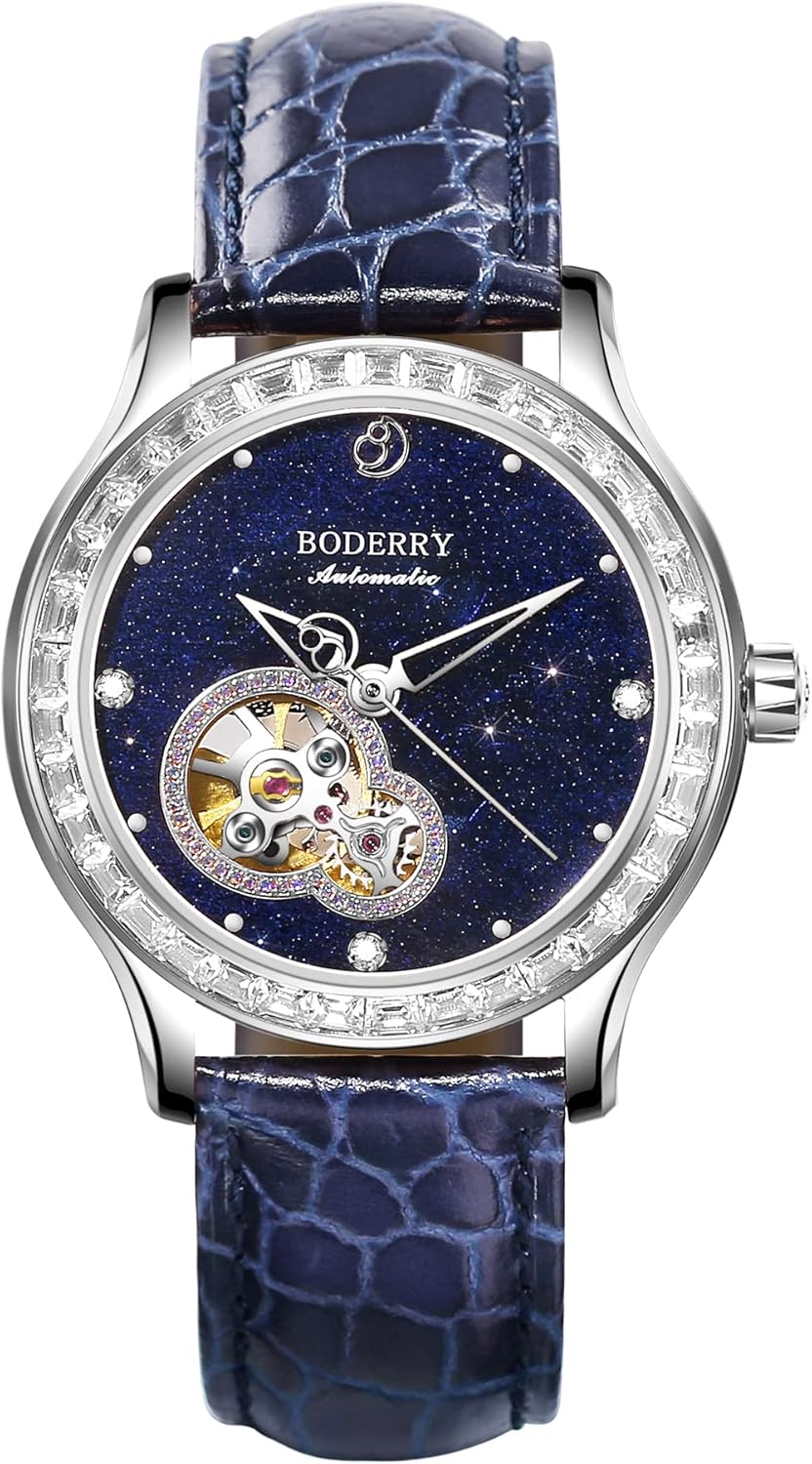 BODERRY Original Women's Dress Wrist Watch Stainless Steel Automatic-self-Wind Skeleton Ladies Watches with Leather Calfskin Strap,Sapphire Crystal -Birthday Gift