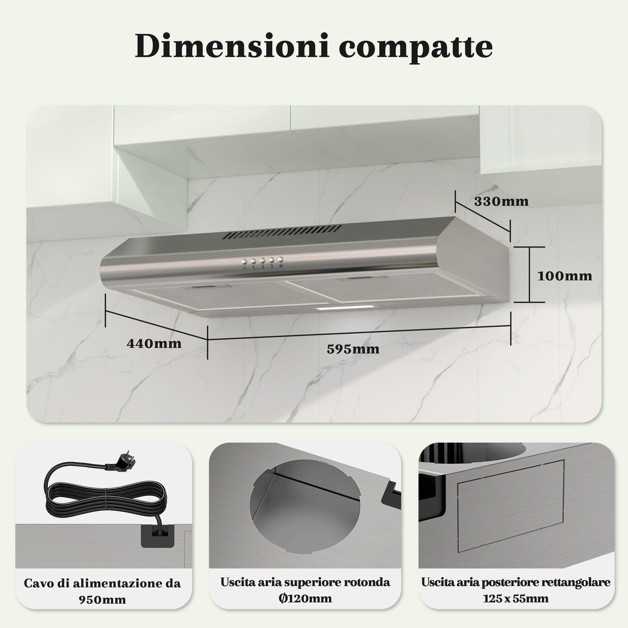 FIREGAS Cappa Aspirante 60 cm in Acciaio Inox, Classe A++ con Motore Brushless, 319m³/h, Ultra Silenziosa 46dB, Scarico Superiore/Posteriore o Ricircolo, 2 Filtri a Carbone Inclusi, LED 2W