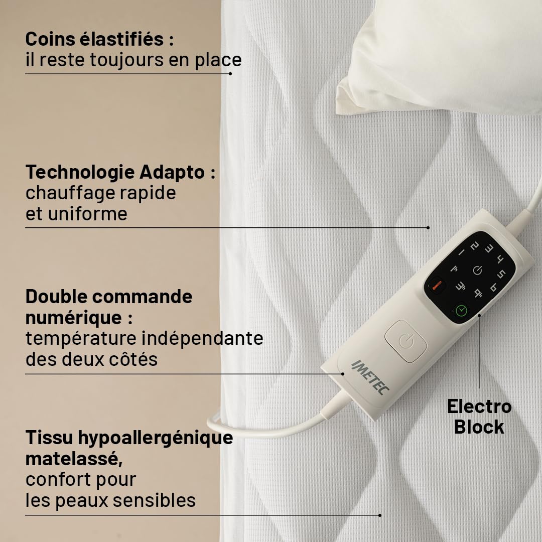 Imetec Chauffe-lit Adapto Matrimonial King Size 200x180 cm, Tissu hypoallergénique matelassé, 6 températures, Minuterie d'arrêt Automatique, Chauffage Rapide, 2 Commandes, Lavable, Sécurité maximale