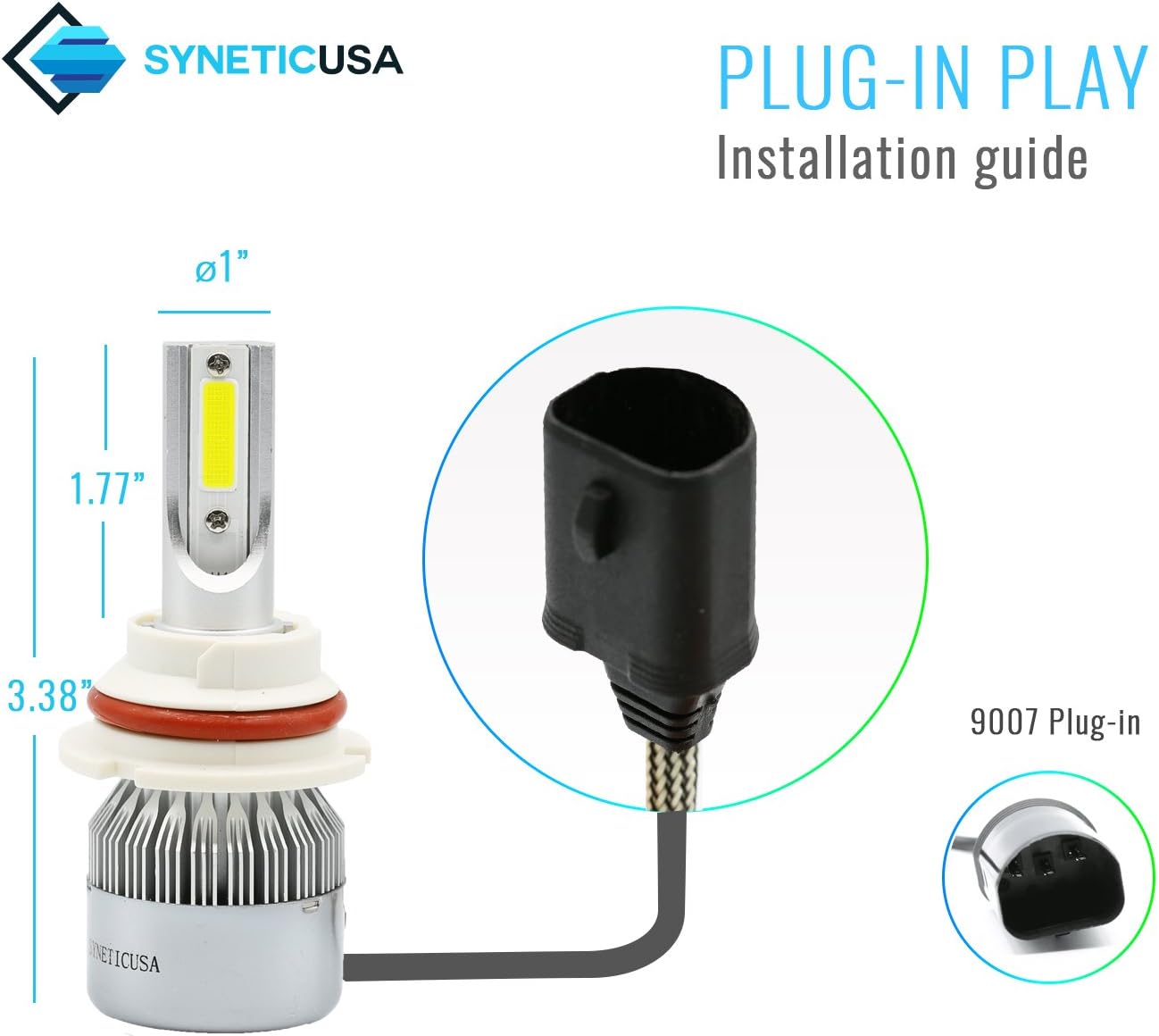 Syneticusa 9007 LED High/Low Beam Headlight Conversion Kit Light Bulbs 100W 10000LM 6000K White
