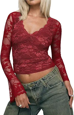 INFITTY Women's Lace Bell Sleeve Crop Tops V-Neck Long Sleeve Shirts Double Lined Slim Fit Blouses Outfits