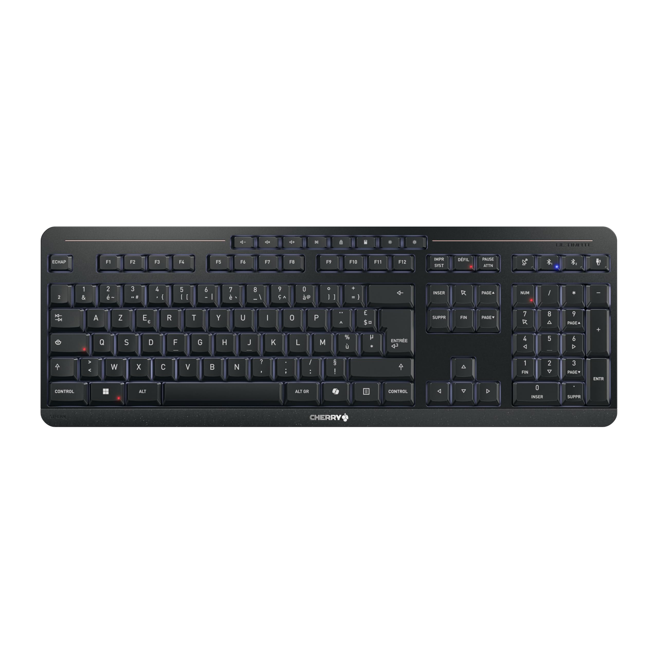 CHERRY STREAM KEYBOARD ULTIMATE, Bezprzewodowa Klawiatura Obsługująca do 4 Urządzeń, Układ Francuski (AZERTY), Bluetooth, 2,4 GHz i Kabel, Podświetlana, Czarny