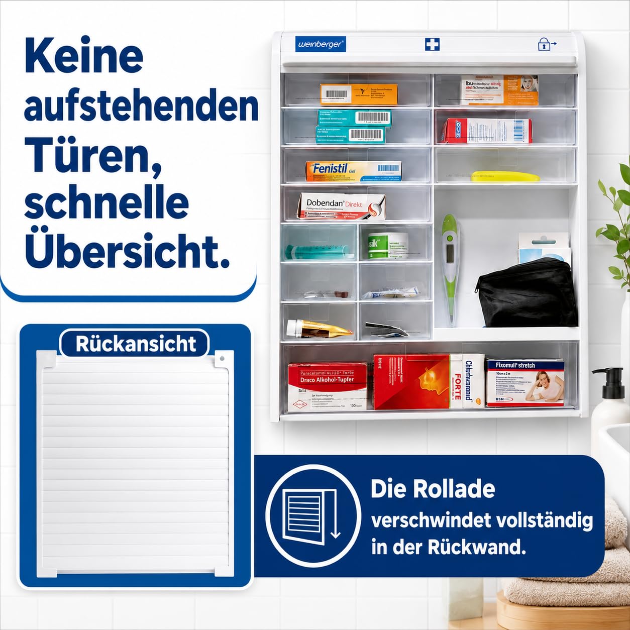 Weinberger Medizinschrank hängend mit 14 Fächern zur Aufbewahrung von Medikamenten & Erste Hilfe Material | Medikamentenschrank mit Kindersicherung & Jalousie I Hausapotheke, Arzneischrank in Weiß
