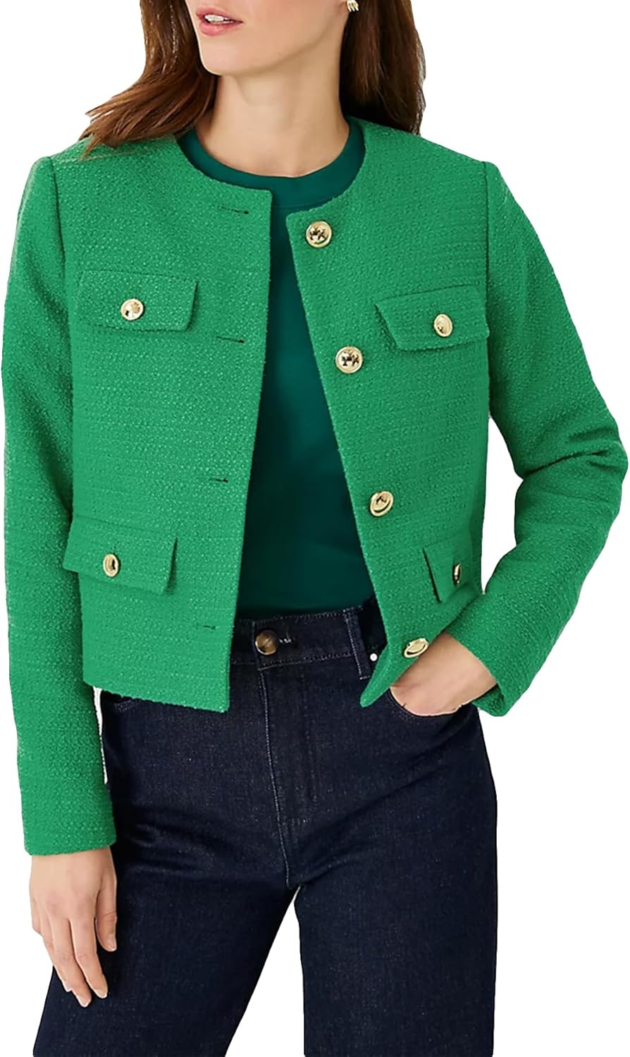 YEXPINE Cropped Tweed Blazer Jackets for Women Elegant Slim Collarless Business Casual Outfits