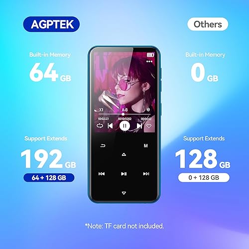 Miniatura 6 de AGPTEK Reproductor MP3 de 64 GB con Bluetooth, reproductor de música M3 de 2.4 pulgadas con altavoz y radio FM, botones táctiles, soporta hasta 128