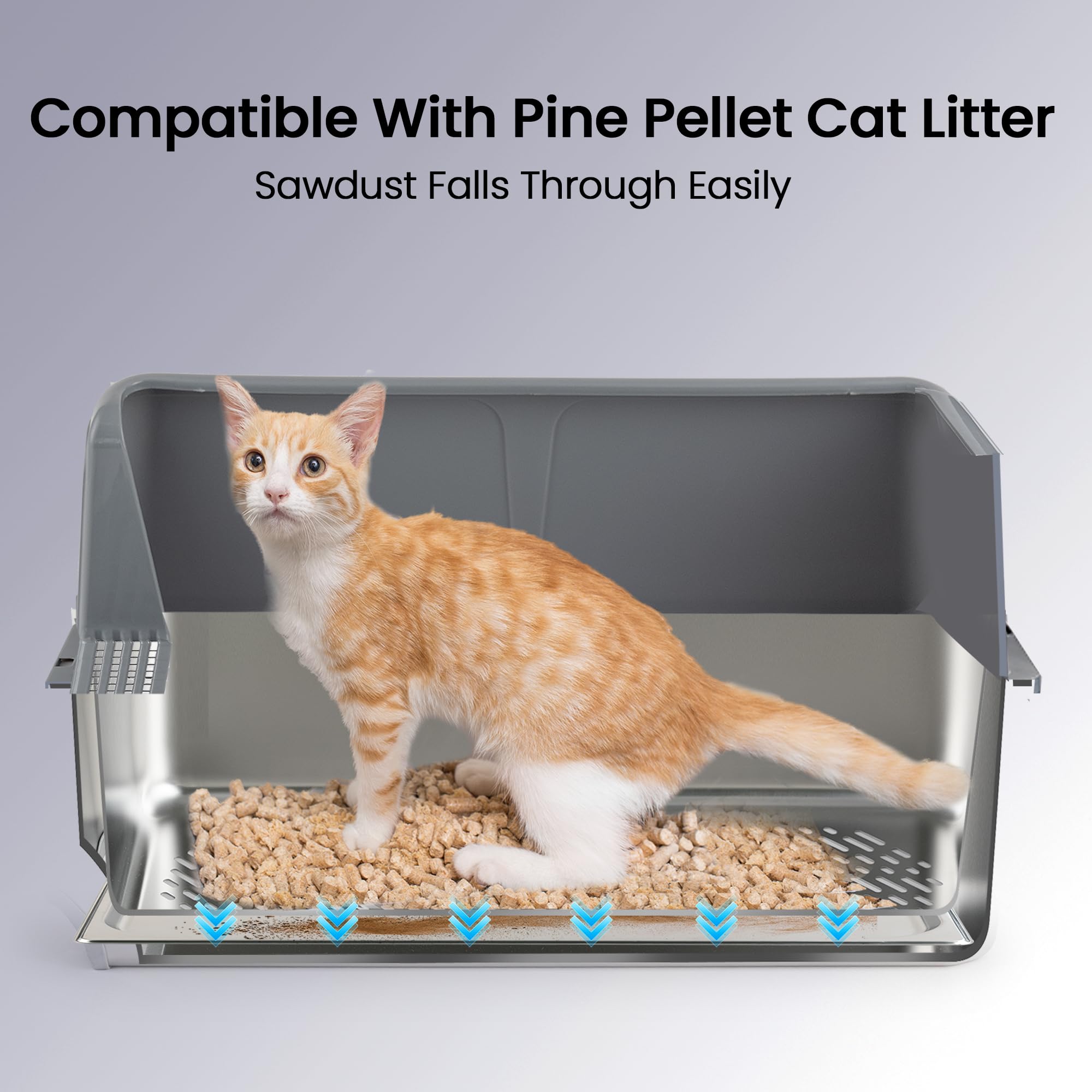 23.6''x15.6''x12'' Stainless Steel Sifting Litter Box with Sifter, Pine Pellet Litter Box with Lid for Big Cats, Built-in Sifter, No Waste Bag Needed, Easy to Clean & Durable (Grey) - image 6