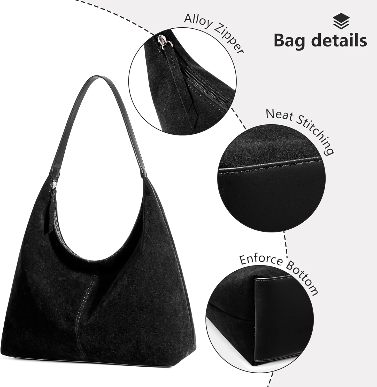 KALIDI Suede Cresent Tote, Slouchy Hobo Bag Vegan Leather Medium Zipper Shoulder Bag for Travel Work Women Purse - Image 6