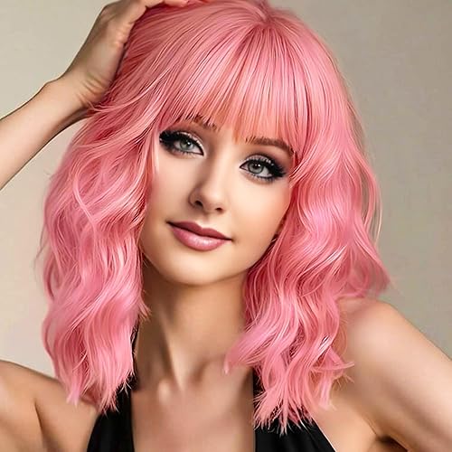 AGO Pink Wigs Short Wavy Hair Pastel Bob Wig with
