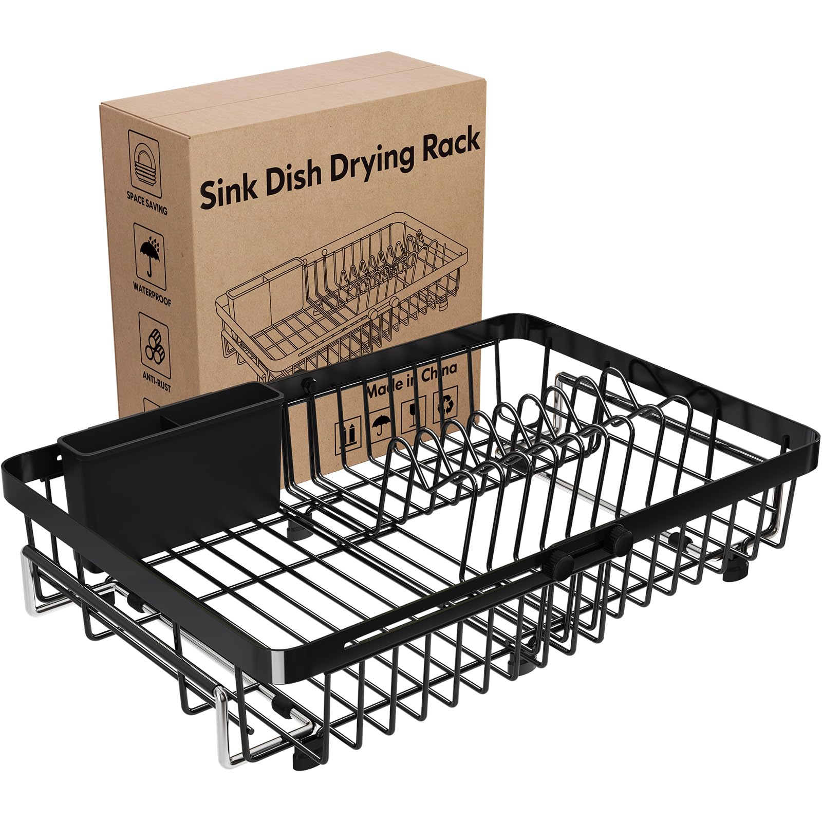 Photo 1 of MAJALiS Expandable Stainless Steel Over The Sink Dish Drying Rack for Small Kitchen Counter Space Saving, Compact RV Plate Drainer Strainer in Black Wire Metal with Hanging Adjustable Utensil Holder