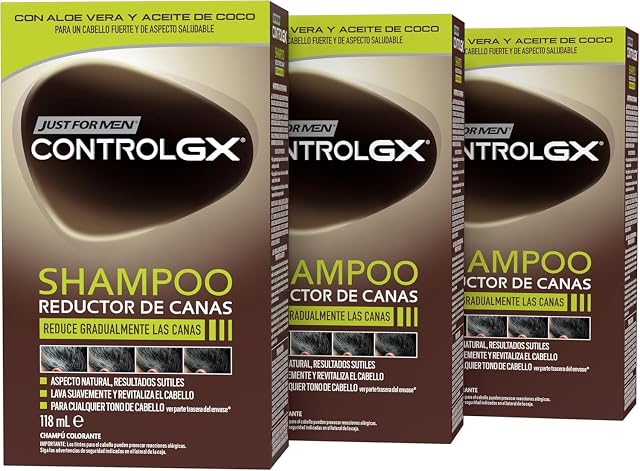 Just For Men Control GX Champú Reductor Canas, con Keratina, 118ml (3 Pack) | Reduce canas gradualmente con cada uso, para todos los tonos, aspecto natural y resultado sutil, tecnología patentada