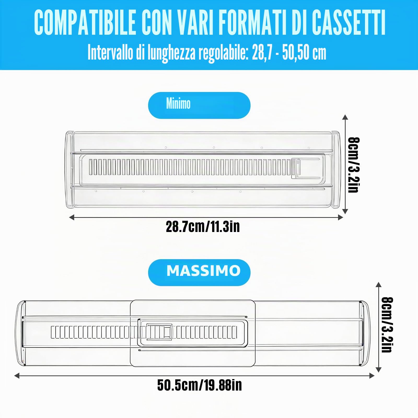 8 Pezzi Divisori per Cassetti Regolabili, Cassetti in Trasparente Separatori, Regolabile Da 28,7 a 50,5 cm, Divisori per Cassetti in Plastica per Bagno,Comò, Cucina O Trucco Conservazione