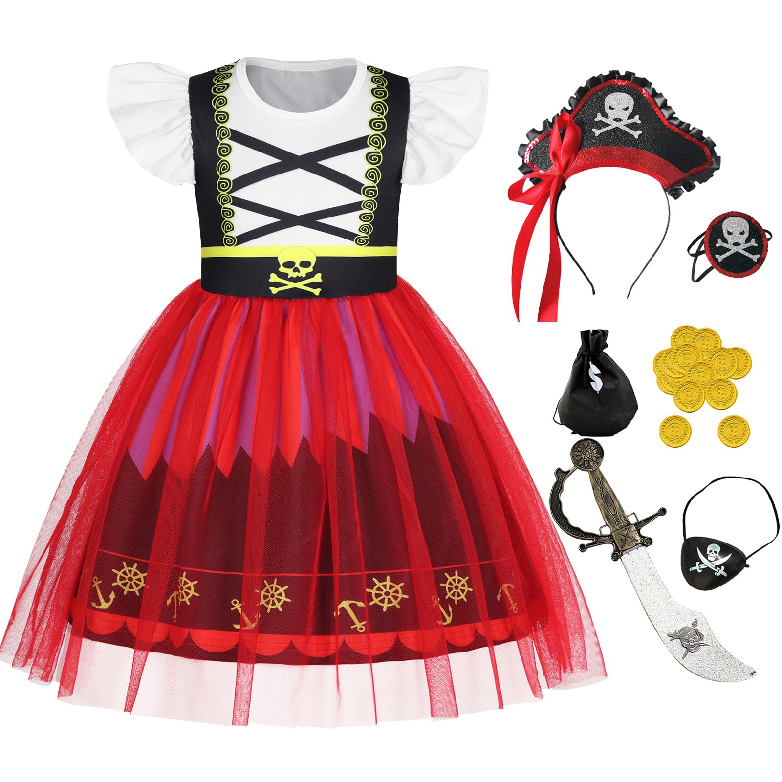 Berich Girls Pirate Dress up Girls Halloween Outfits World Book Day Costumes for Kids Tulle Dress with Accessories Pirate Costume 9-10 Years(Red,150)