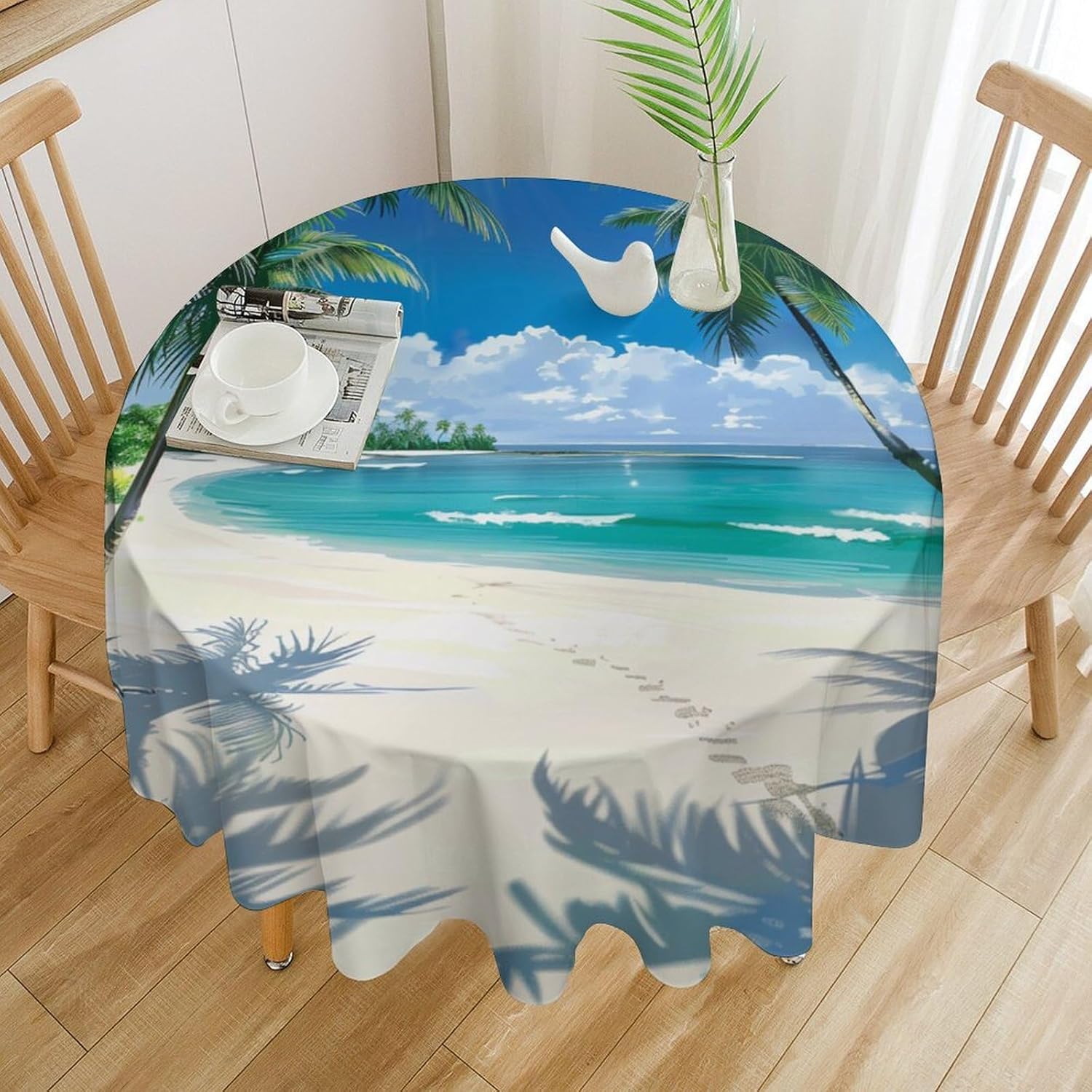 Coastal Beach Island Round Tablecloth Holiday Seaside Palm Tree Table Cloth for Home Kitchen Holiday Decor Party Indoor Outdoor, 50Inch