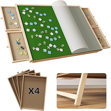 1500 Pieces Puzzle Board with Legs for Adults Adjustable Folding Puzzle Table Portable Jigsaw Puzzle Table with 6 Drawers and Cover, Non-Slip Felt Surface