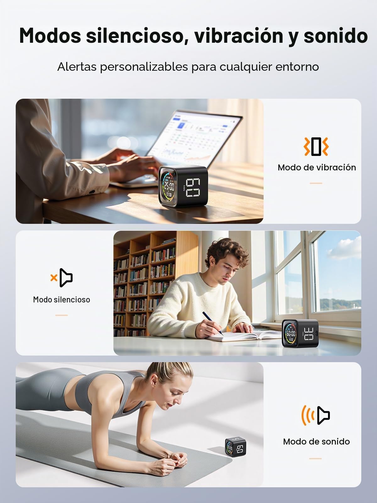 Ticktime TK3 Temporizador Pomodoro, Presets 5/10/30/60 Min, Cuenta Regresiva, Cronómetro y Reloj LED, 3 Alarma, Vibración/Silencio/Sonido, Recargable, para TDAH Oficina Estudios Tareas, Negro