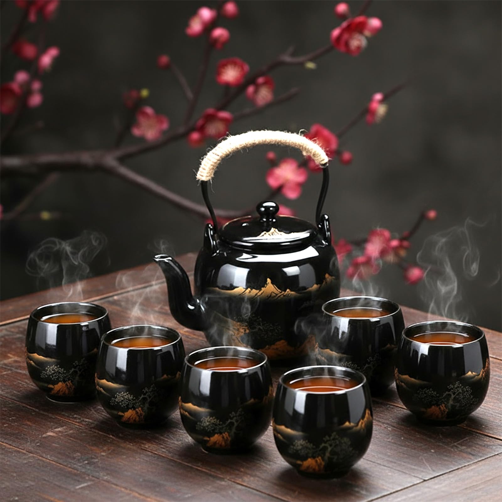 Polegas Service à thé Japonais, théière de 850 ML avec passoire à thé et 6 Tasses de 170 ML, Ensemble de théière en Porcelaine Chinoise exquise, Ensemble de théière Japonaise pour Les Amateurs de thé