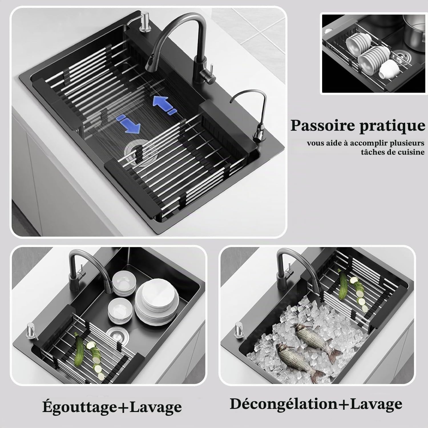 Évier de Cuisine Noir 80 x 50 cm, Évier de Cuisine Acier Inoxydable, Évier Sous Plan ou Sur Plan Avec Robinet Extractible/Distributeur de Savon/Robinet de Purification d'eau (Noir, 80x50cm)