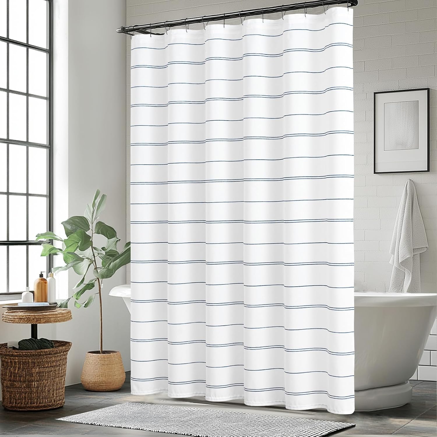 jinchan Blue and White Casual Striped Shower Curtain Nautical Modern Minimalist Pinstripe Waterproof Fabric Shower Curtains for Bathroom with Weighted Hem and 12 Hooks 70x72 inches