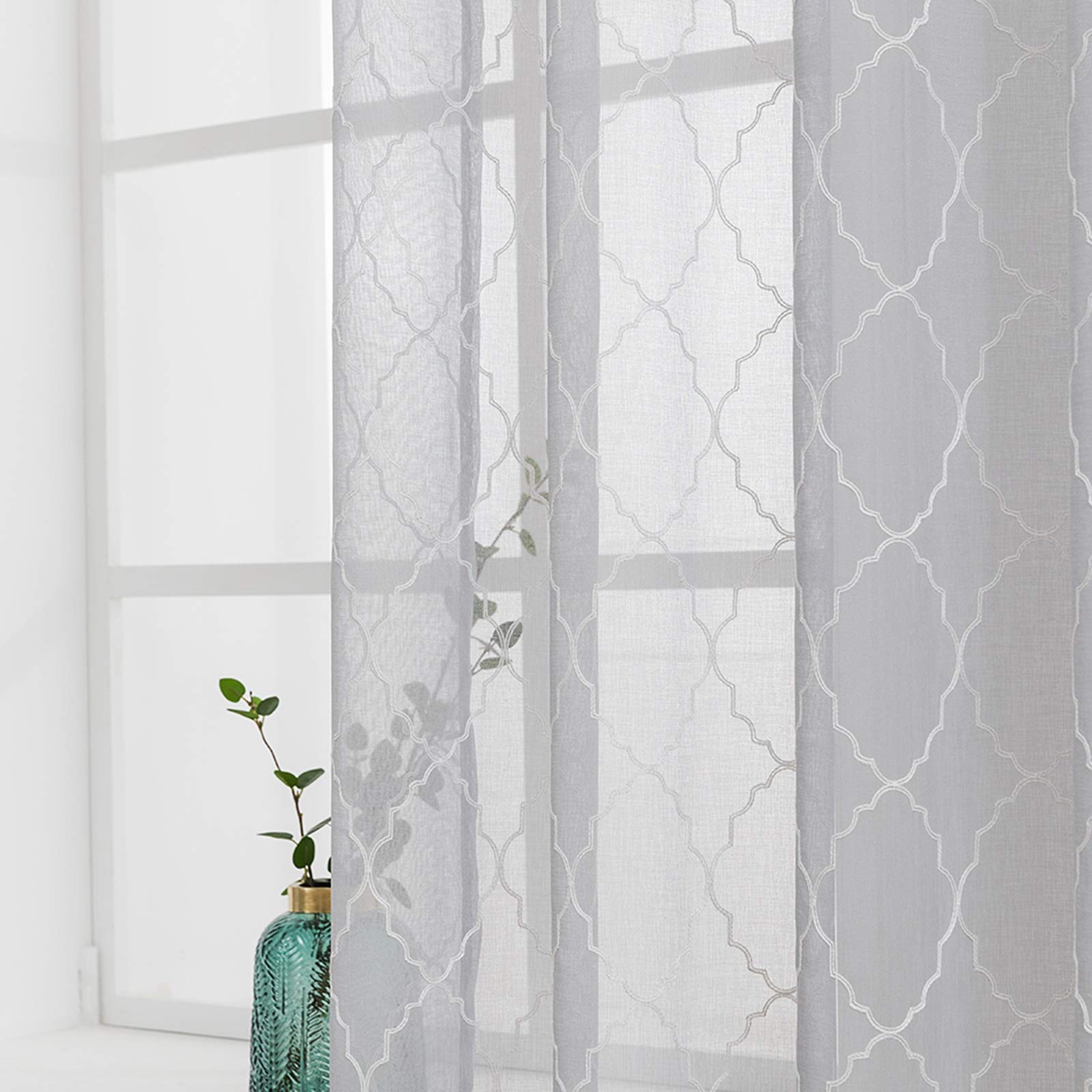 MIULEE 2 Piezas Cortinas Bordadas Translucida de Dormitorio Visillos de Habitación con 8 Anillas Poliéster Dedoración Moderna para Ventana Salón Cuarto Comedor Cocina 140x160cm Geometría Gris