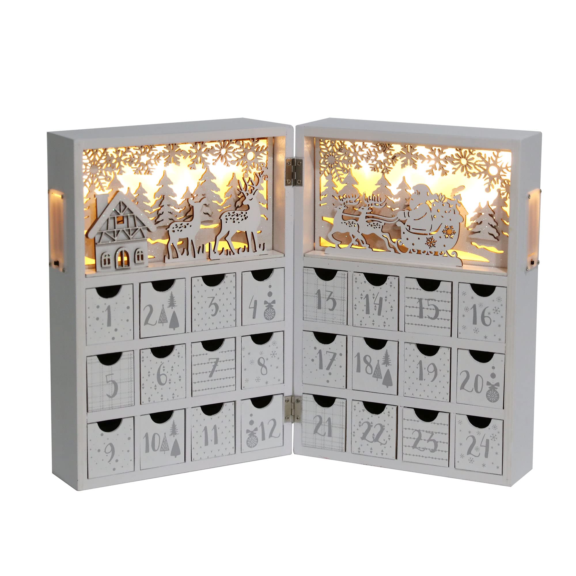 PE Weihnachten Holz Adventskalender Buch mit Schubladen und LED, Wiederverwendbarer Weihnachts-Countdown Holz-Adventskalender mit Dorfwald Rentier-Szene Erwachsene Kinder (Weiß & Gold)