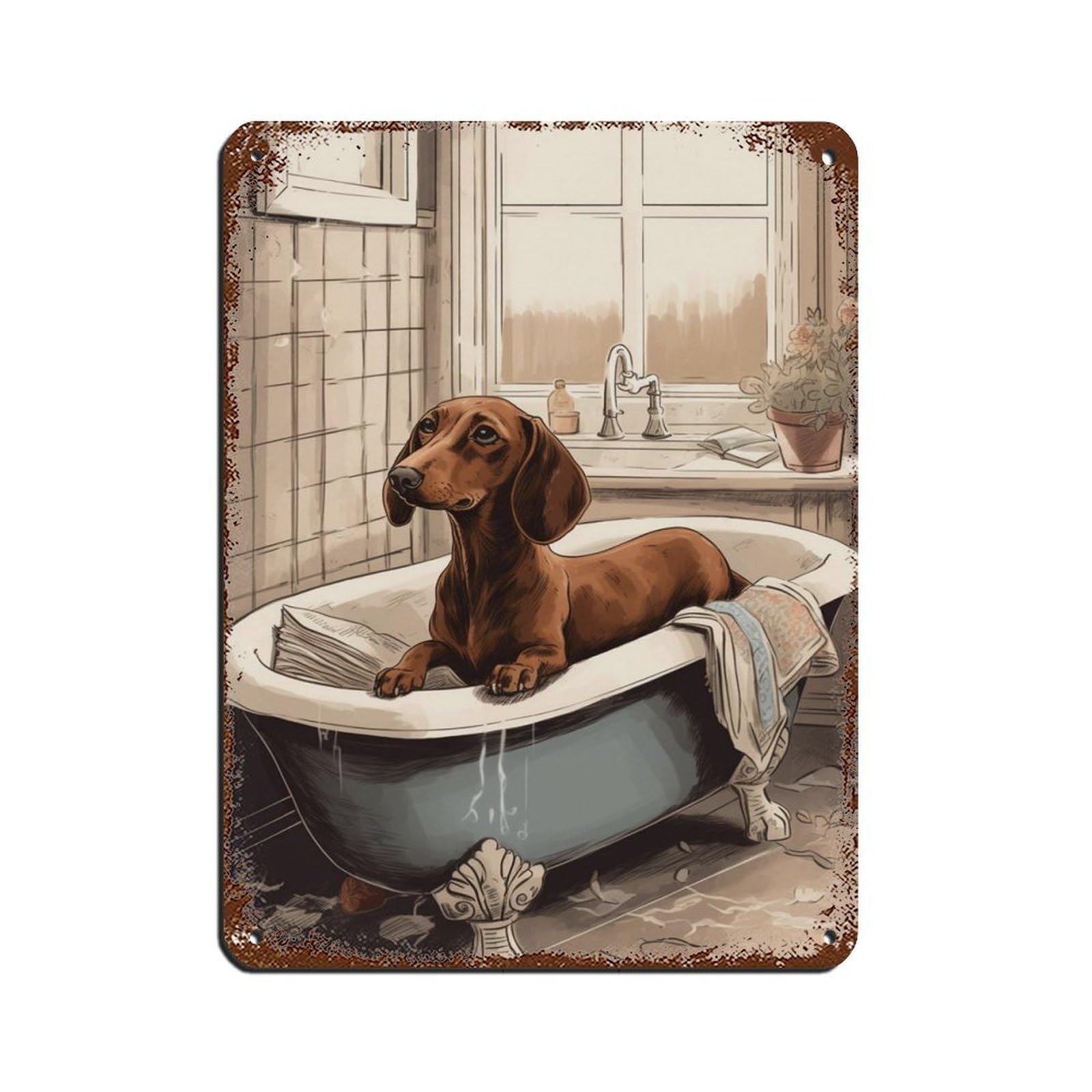 Dachshund in Bath, Bathroom Art Tin Sign Vintage Metal Pub Club Cafe Bar Home Wall Art Decoration Poster Retro 12x16inch(30x40cm)