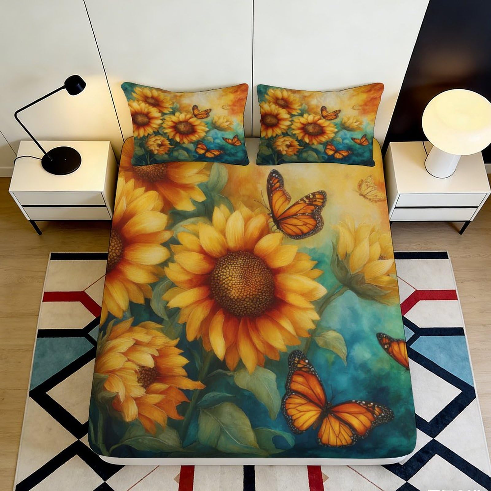 3D Printed Sunflower Fitted Sheet Microfiber Soft Breathable Butterfly Bed Cover for Bedroom Dormitory Guest Room Mattress Protection Decor 120x200x25cm