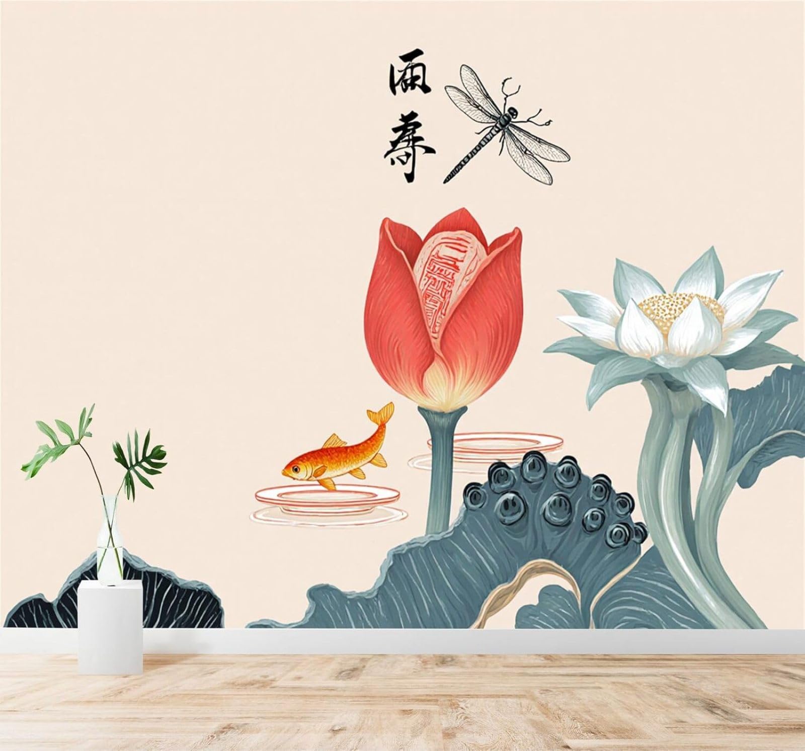 XLMING Minimalist Lotus Small Fish Dragonfly Art 3D Wallpaper Premium Textured Silk Study Dining Living Room Bedroom Sofa TV Wall Easy Install-250cm×170cm