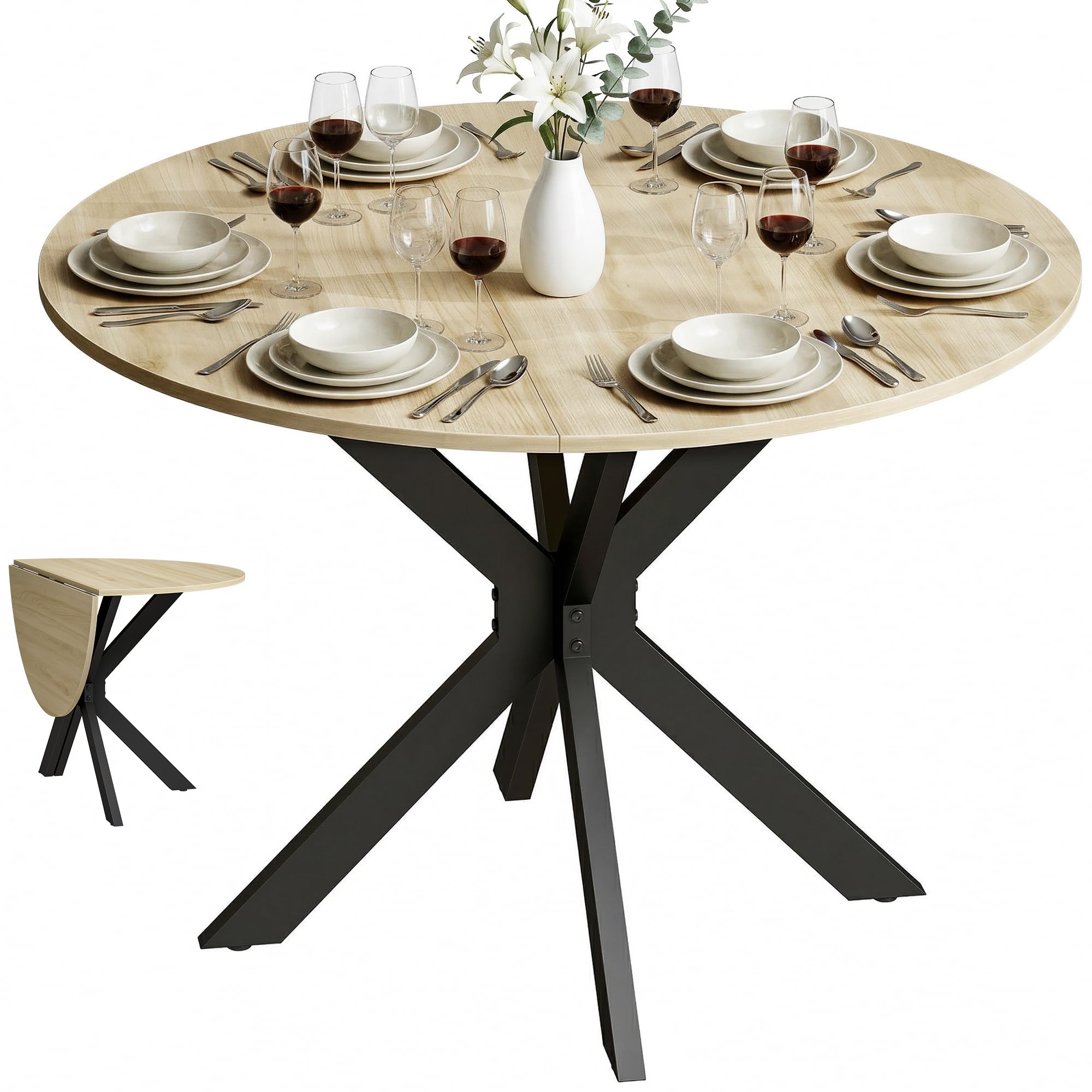 HOMCOM Table à Manger Pliante Ronde 2-6 Personnes Ø110x76 cm Bois Naturel | Table de Cuisine, Plateau Rabattable, Pieds Croisés en Acier, pour Petits Espaces, Salle à Manger