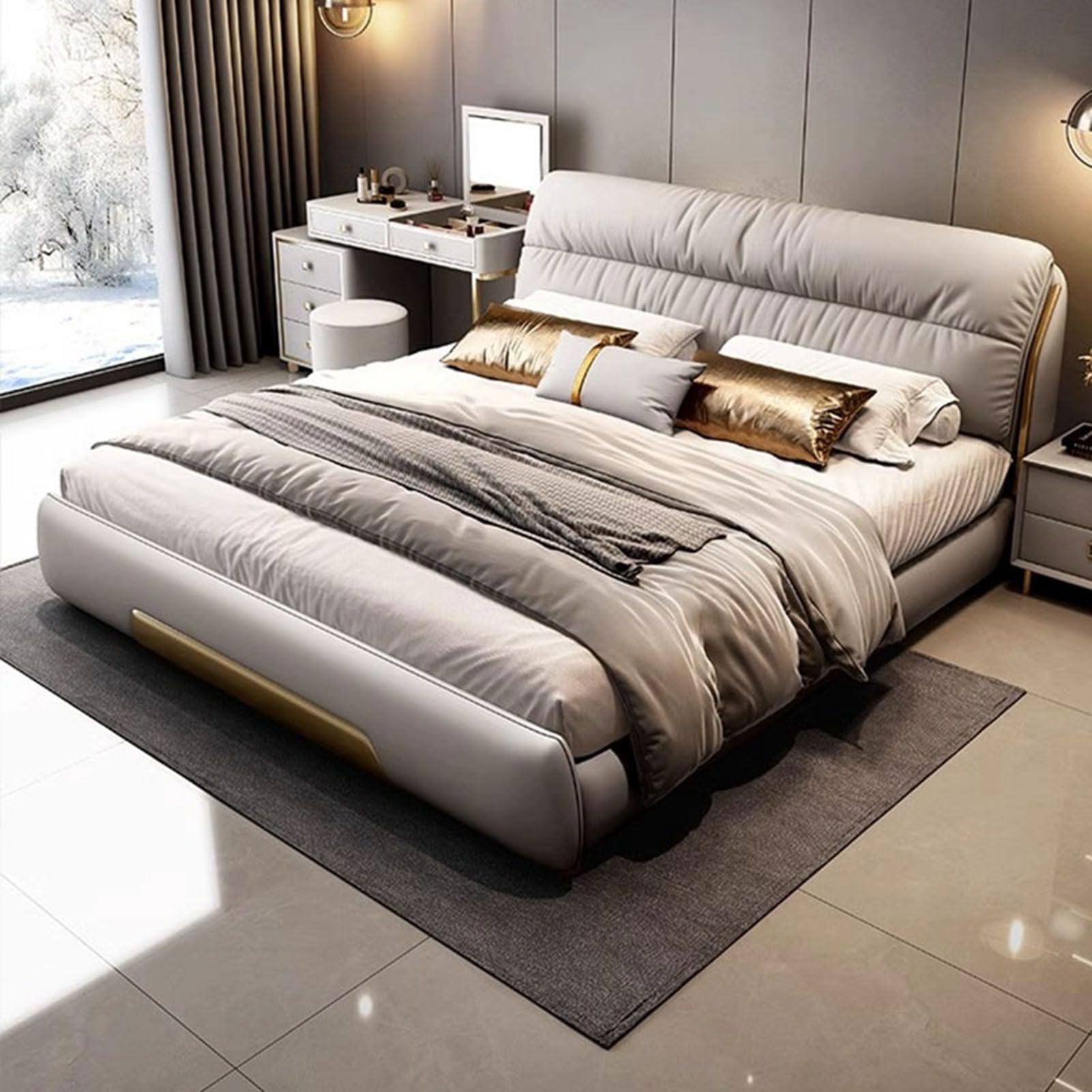 Gray King Size Genuine Leather Wood Bed Upholstered Platform Bed Frame with Headboard and Lift Up Storage Strong