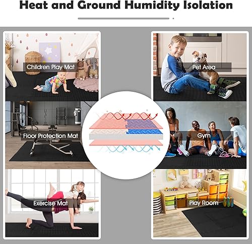 Miniatura 9 de Tangkula Alfombrillas de ejercicio de 12 azulejos con borde, tapetes protectores de espuma EVA antideslizantes, tapetes elásticos de juego de