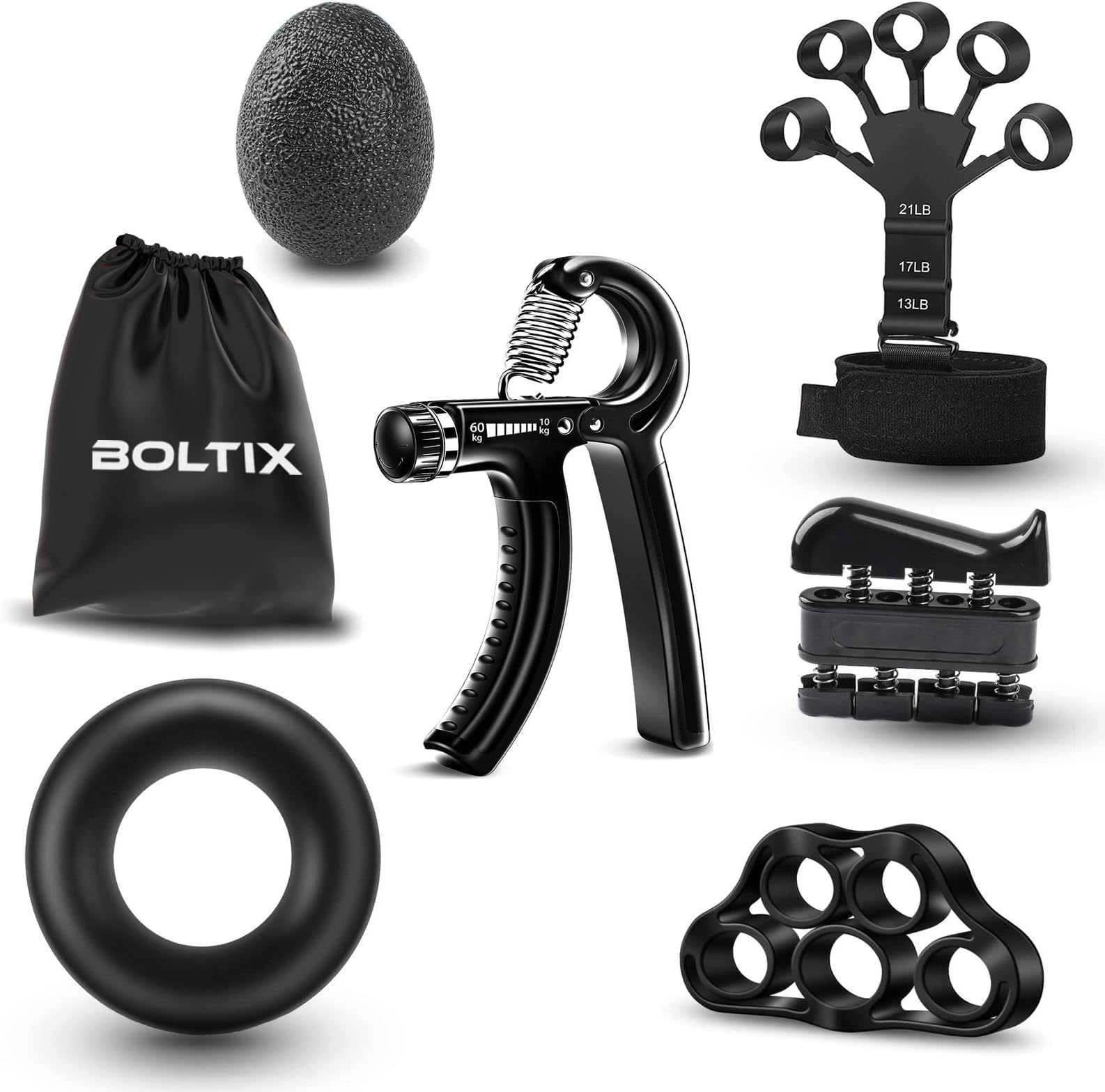 Grip Strength Trainer Kit (6 Pack) with Finger Exerciser, Hand Grip Strengthener, Hand Extension Exerciser, Stress Relief Ball and Forearm Workout Ring is Suitable for All ages