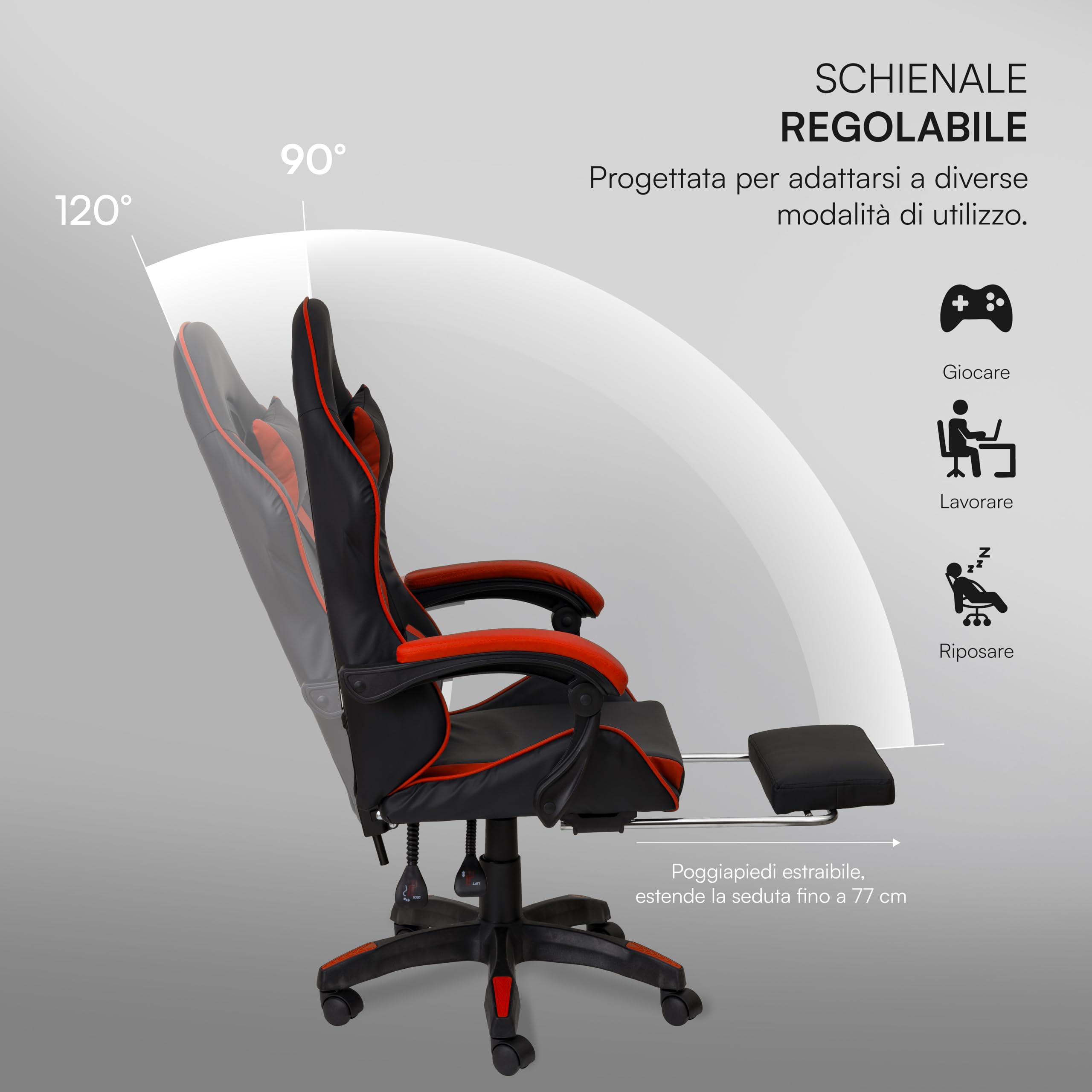 Baroni Home Gamingstoel, ergonomische bureaustoel met verstelbare rugleuning, hoofdsteun en blauwe lendensteun