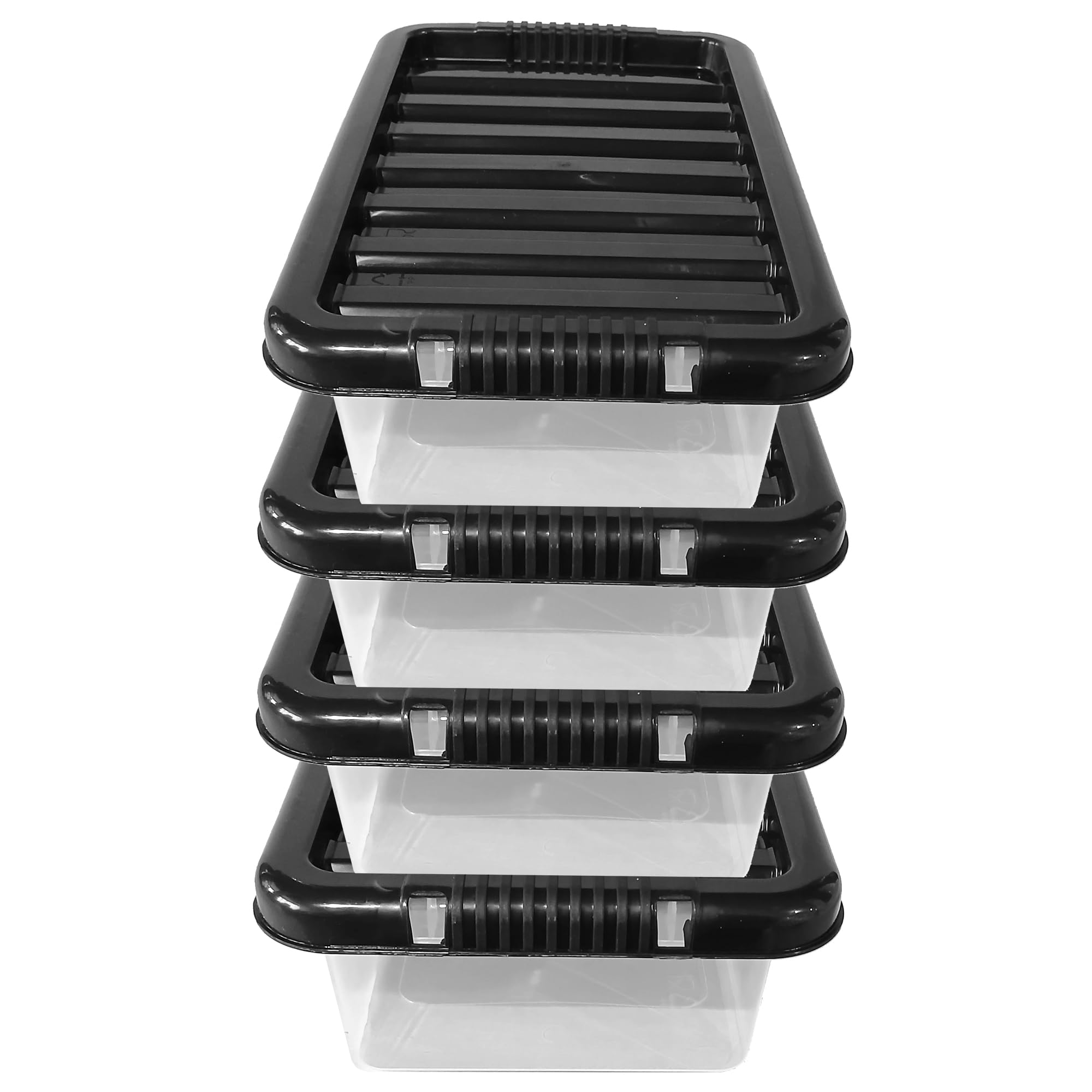 KAPCO 6L Plastic Storage Box with Black Lid (Pack of 4) | Small, Underbed, Stackable, Strong, Durable Clear Box Containers for Home & Office | Multipurpose Storage Tubs | 33 x 22 x 10cm | 6 Litre