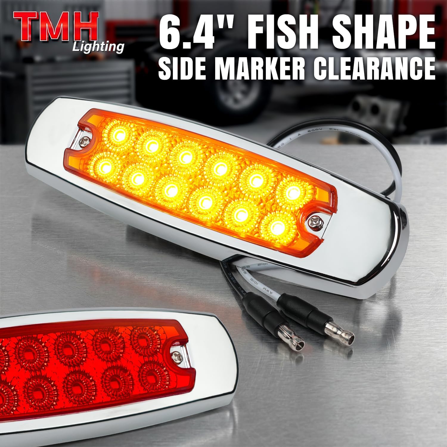 TMH 6.4 Inch 10 Amber + 10 Red LED Side Marker Clearance Lights with Connector Plug, 12 LED Chrome Bezel Turn Signal Lamps Surface Mount 12V DC for Truck Trailer RV (Pack of 20)