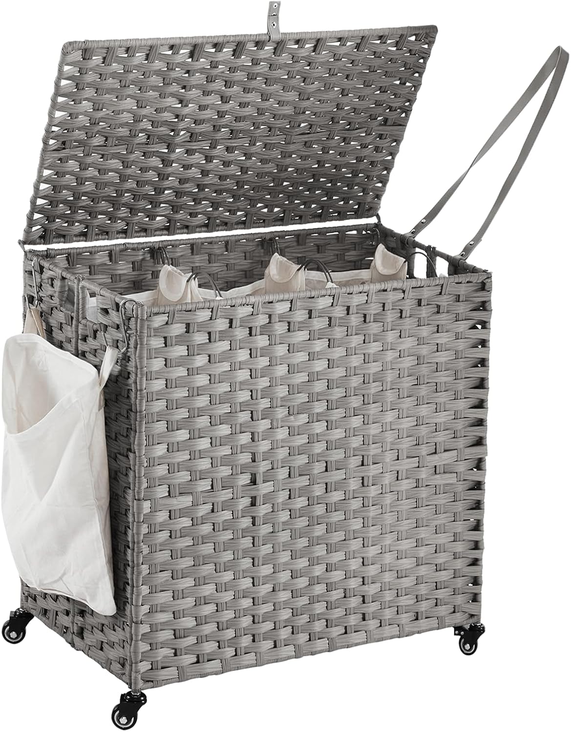 Rattan Laundry Hamper with Wheels, 39.6 Gallon(150L) Rolling Basket with Lid, 3-Section Sorter with 3 Removable Liners & Mesh Bags, Side Pocket, Grey
