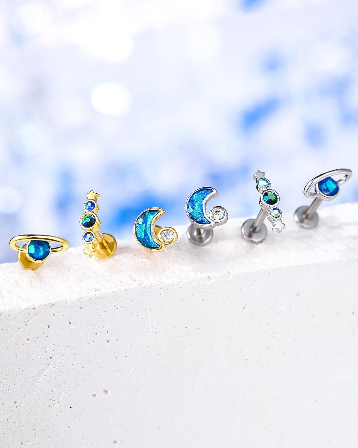 Melighting Labret Jewelry Internally Threaded 16G Blue Glitter Planet Labret Stud Stainless Steel 316L Moon Helix Earrings Star Tragus Conch Piercing Jewelry for Women - Image 4